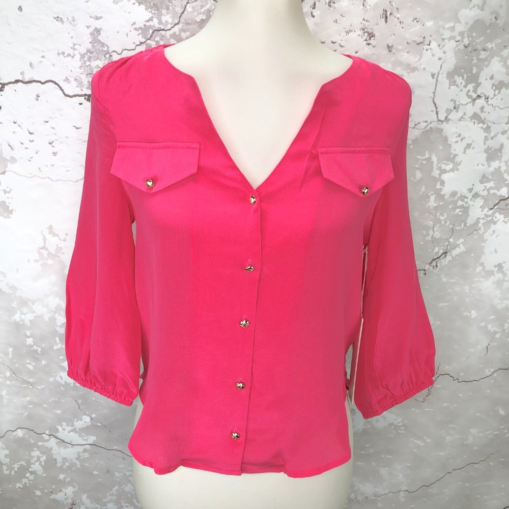 Line & Dot Pink Silk 3/4 Sleeve Button Top S NWT